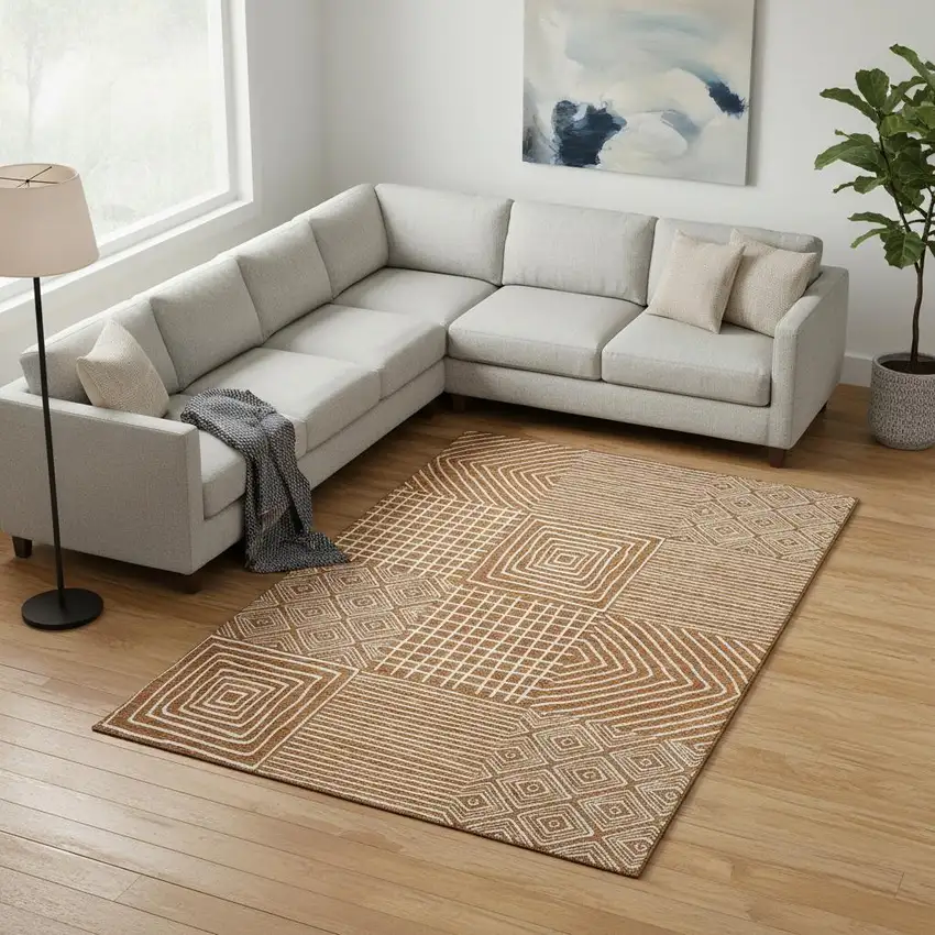 Rust And Beige Geometric Washable Area Rug With UV Protection Photo 2