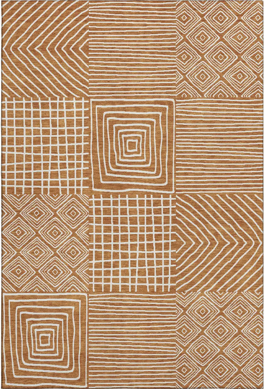 Rust And Beige Geometric Washable Area Rug With UV Protection Photo 1