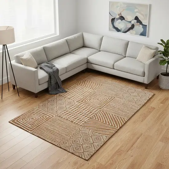 Rust And Beige Geometric Washable Area Rug With UV Protection Photo 2