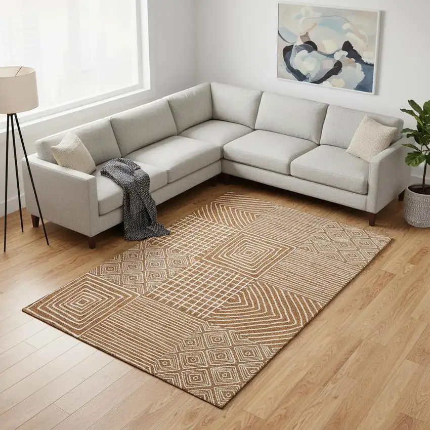 Rust And Beige Geometric Washable Area Rug With UV Protection Photo 2