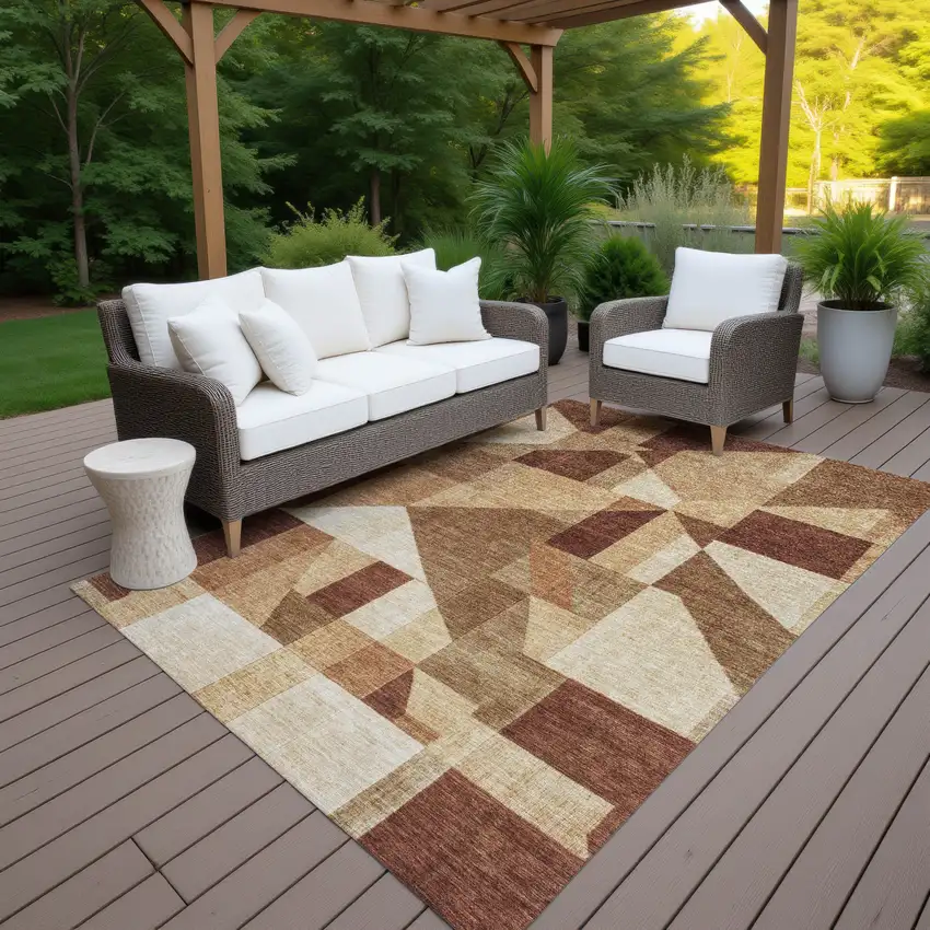 Rust And Beige Geometric Washable Indoor Outdoor Area Rug Photo 7