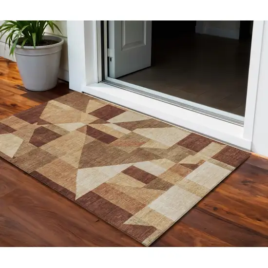Rust And Beige Geometric Washable Indoor Outdoor Area Rug Photo 1