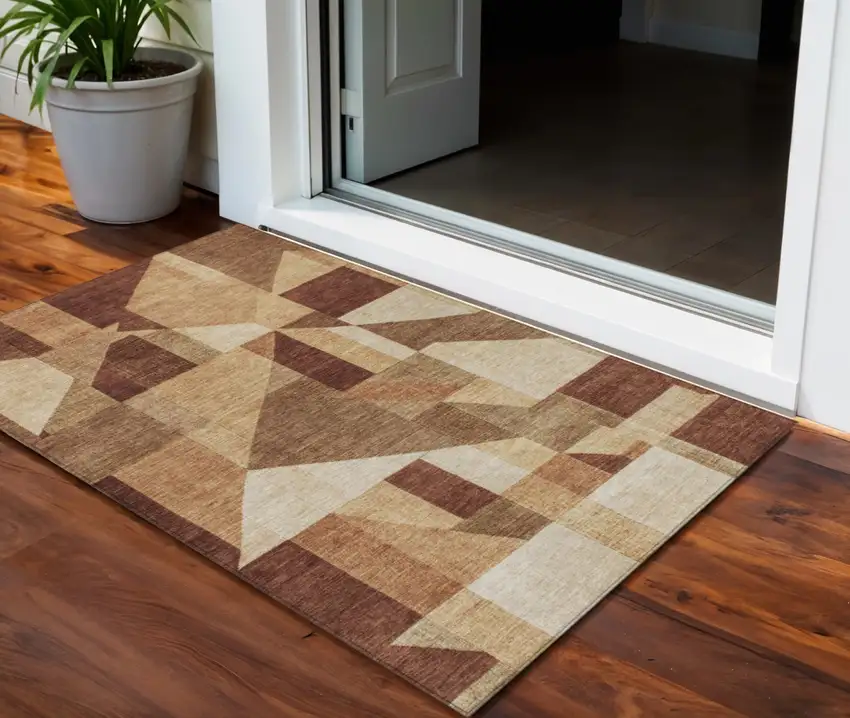 Rust And Beige Geometric Washable Indoor Outdoor Area Rug Photo 1