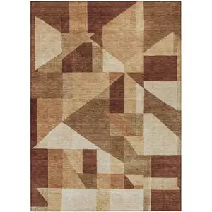 Photo of Rust And Beige Geometric Washable Indoor Outdoor Area Rug