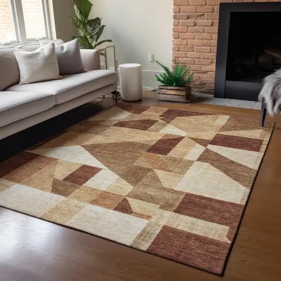 Rust And Beige Geometric Washable Indoor Outdoor Area Rug Photo 6