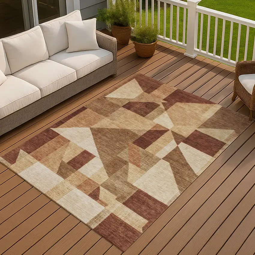 Rust And Beige Geometric Washable Indoor Outdoor Area Rug Photo 4