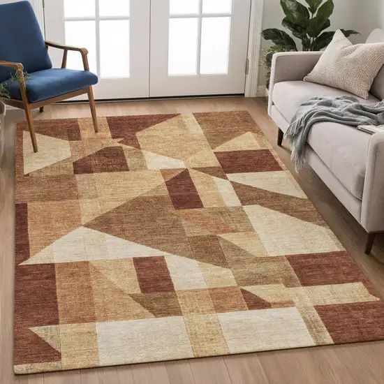 Rust And Beige Geometric Washable Indoor Outdoor Area Rug Photo 5