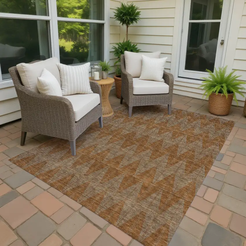 Rust And Beige Geometric Washable Indoor Outdoor Area Rug Photo 4