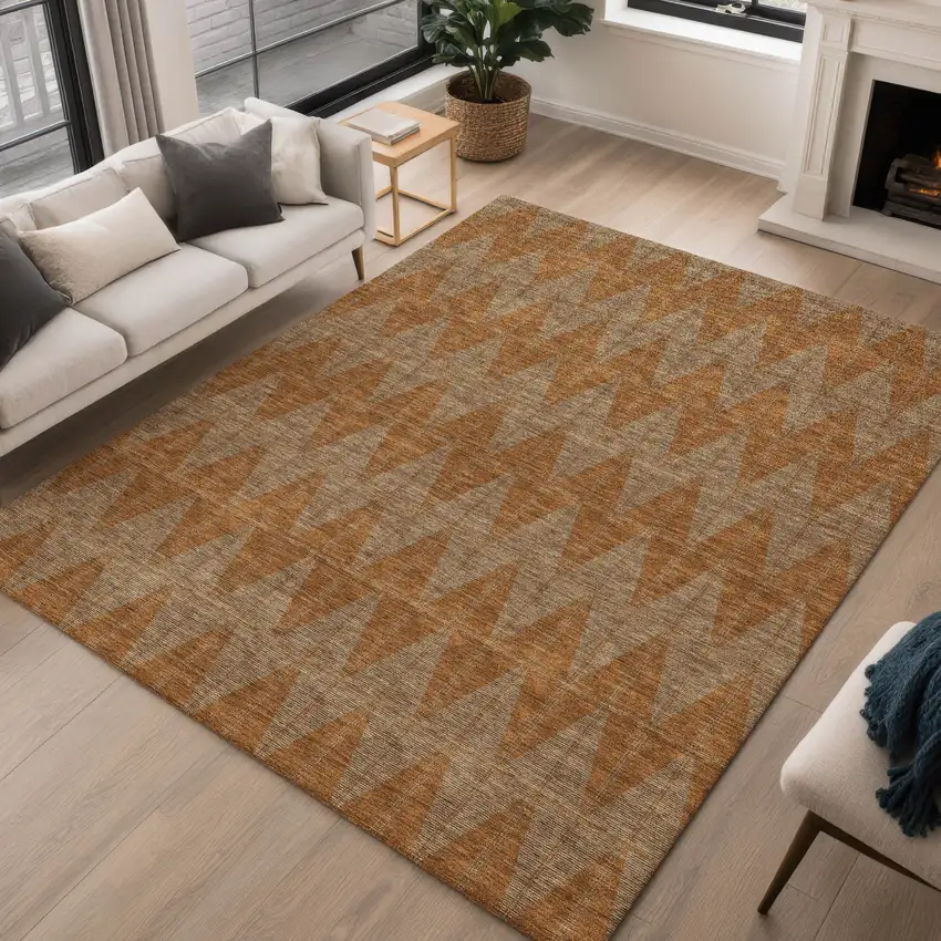 Rust And Beige Geometric Washable Indoor Outdoor Area Rug Photo 5