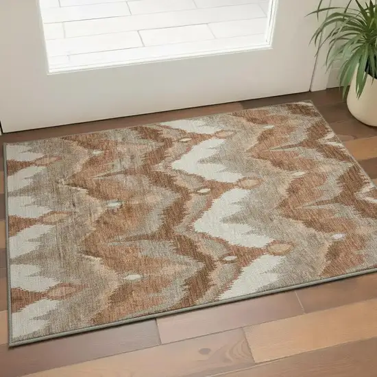 Rust And Beige Ikat Washable Area Rug With UV Protection Photo 2