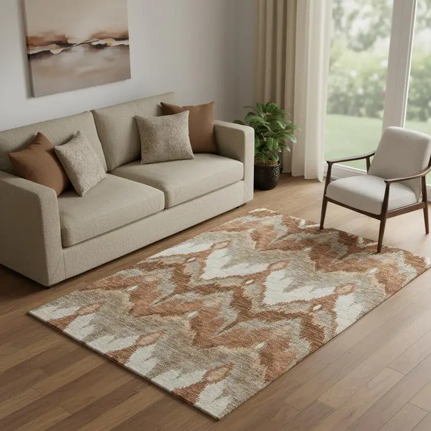 Rust And Beige Ikat Washable Area Rug With UV Protection Photo 1