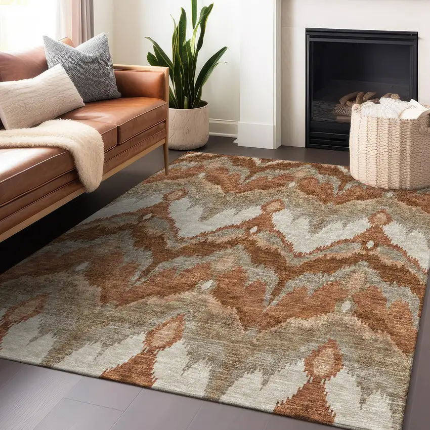 Rust And Beige Ikat Washable Area Rug With UV Protection Photo 5