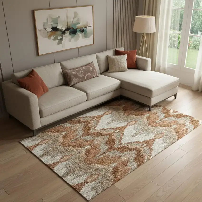 Rust And Beige Ikat Washable Area Rug With UV Protection Photo 1