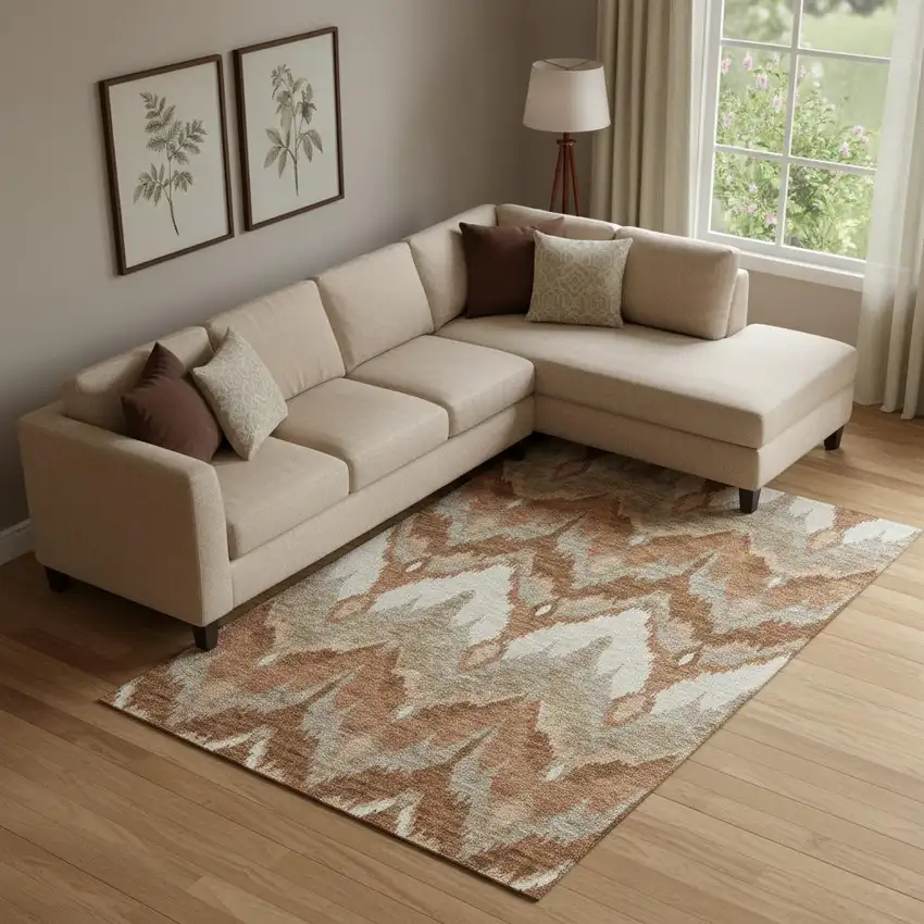 Rust And Beige Ikat Washable Area Rug With UV Protection Photo 1