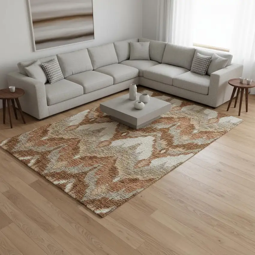 Rust And Beige Ikat Washable Area Rug With UV Protection Photo 2