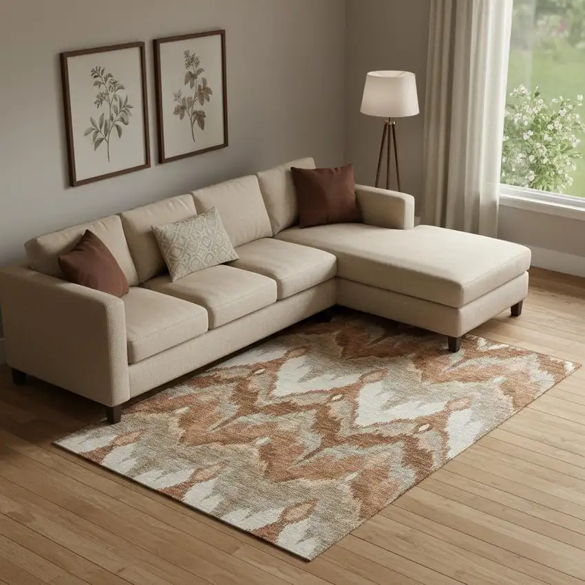 Rust And Beige Ikat Washable Area Rug With UV Protection Photo 1