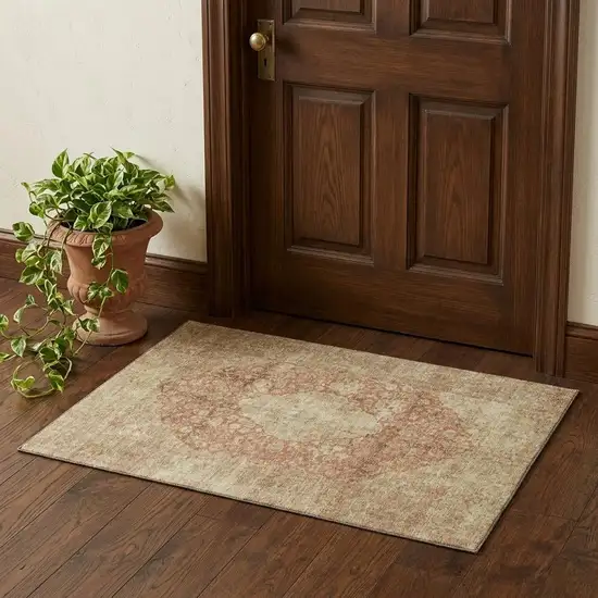 Rust And Beige Medallion Washable Area Rug With UV Protection Photo 1