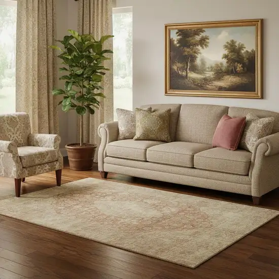 Rust And Beige Medallion Washable Area Rug With UV Protection Photo 2