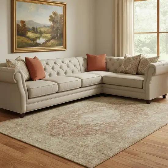 Rust And Beige Medallion Washable Area Rug With UV Protection Photo 2