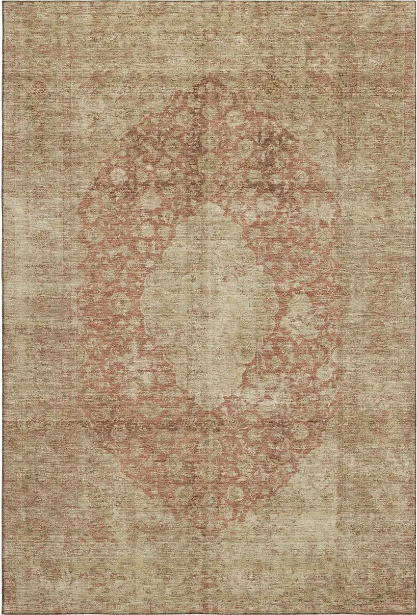 Rust And Beige Medallion Washable Area Rug With UV Protection Photo 1