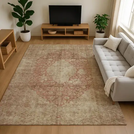 Rust And Beige Medallion Washable Area Rug With UV Protection Photo 4