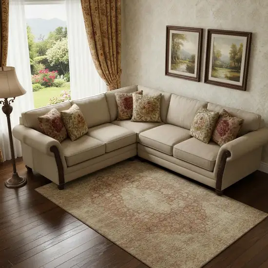 Rust And Beige Medallion Washable Area Rug With UV Protection Photo 2