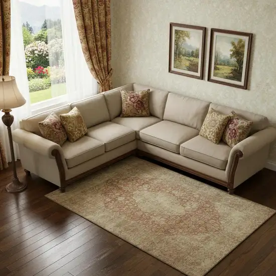 Rust And Beige Medallion Washable Area Rug With UV Protection Photo 2