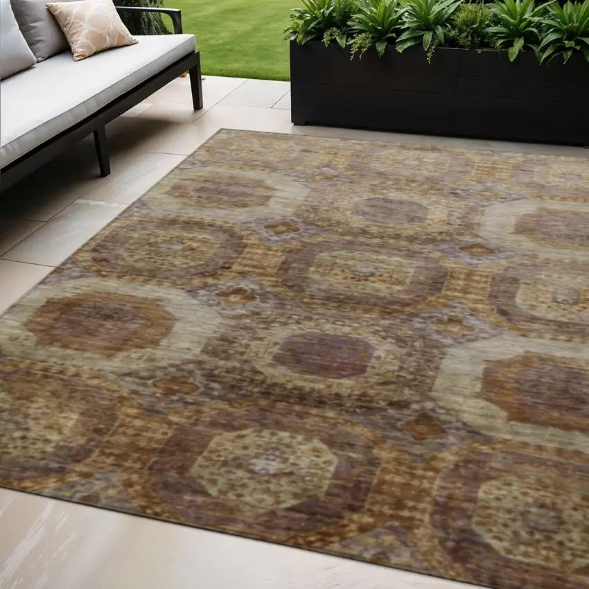 Rust And Beige Medallion Washable Indoor Outdoor Area Rug Photo 2