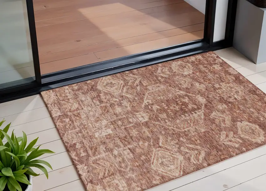 Rust And Beige Medallion Washable Indoor Outdoor Area Rug Photo 1