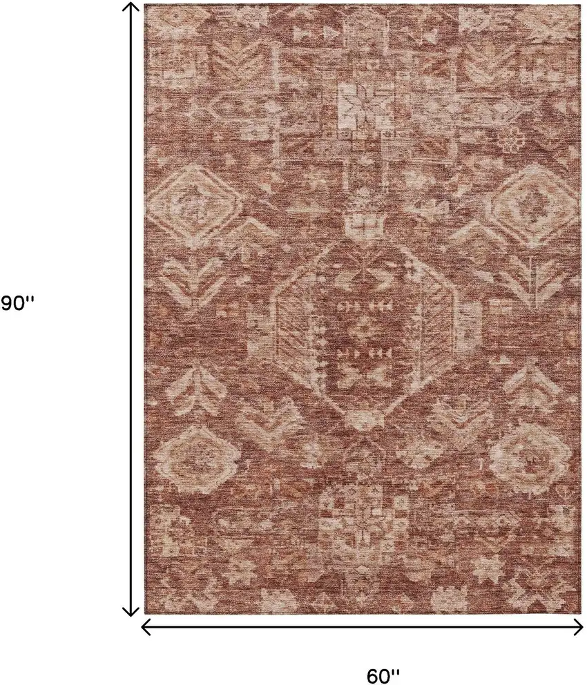 Rust And Beige Medallion Washable Indoor Outdoor Area Rug Photo 3