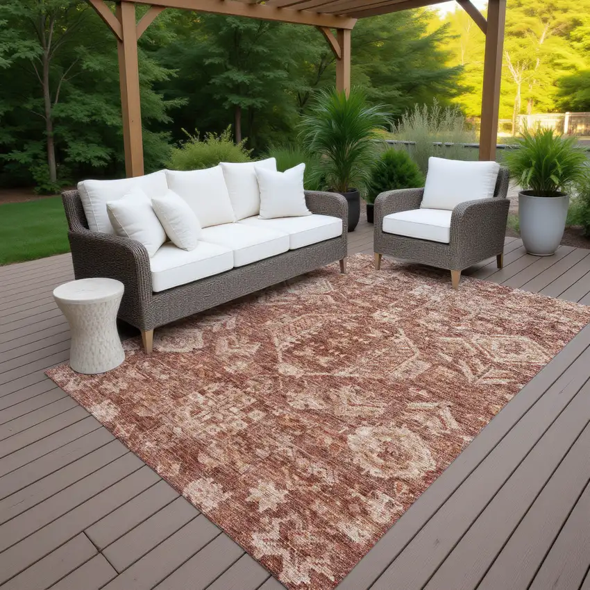 Rust And Beige Medallion Washable Indoor Outdoor Area Rug Photo 7