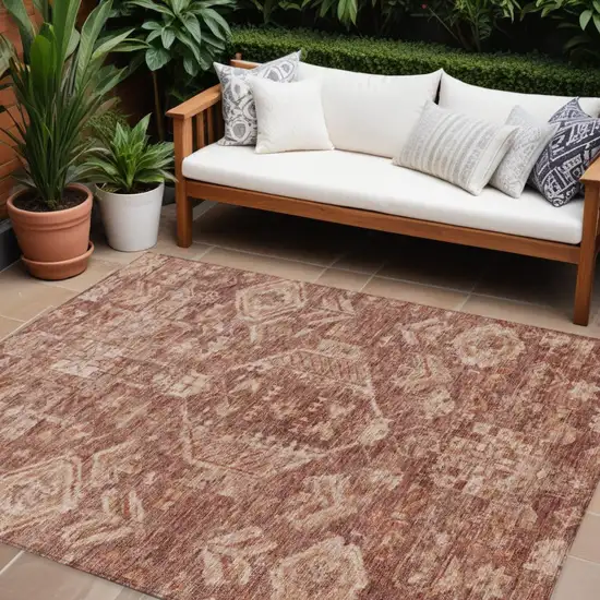 Rust And Beige Medallion Washable Indoor Outdoor Area Rug Photo 1