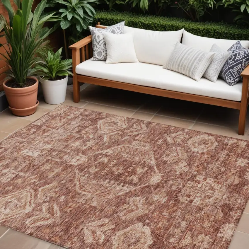 Rust And Beige Medallion Washable Indoor Outdoor Area Rug Photo 1