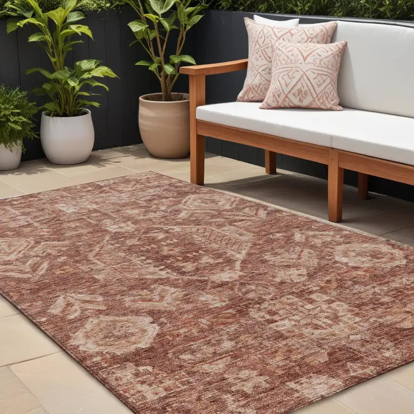 Rust And Beige Medallion Washable Indoor Outdoor Area Rug Photo 1