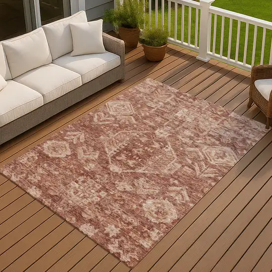 Rust And Beige Medallion Washable Indoor Outdoor Area Rug Photo 4