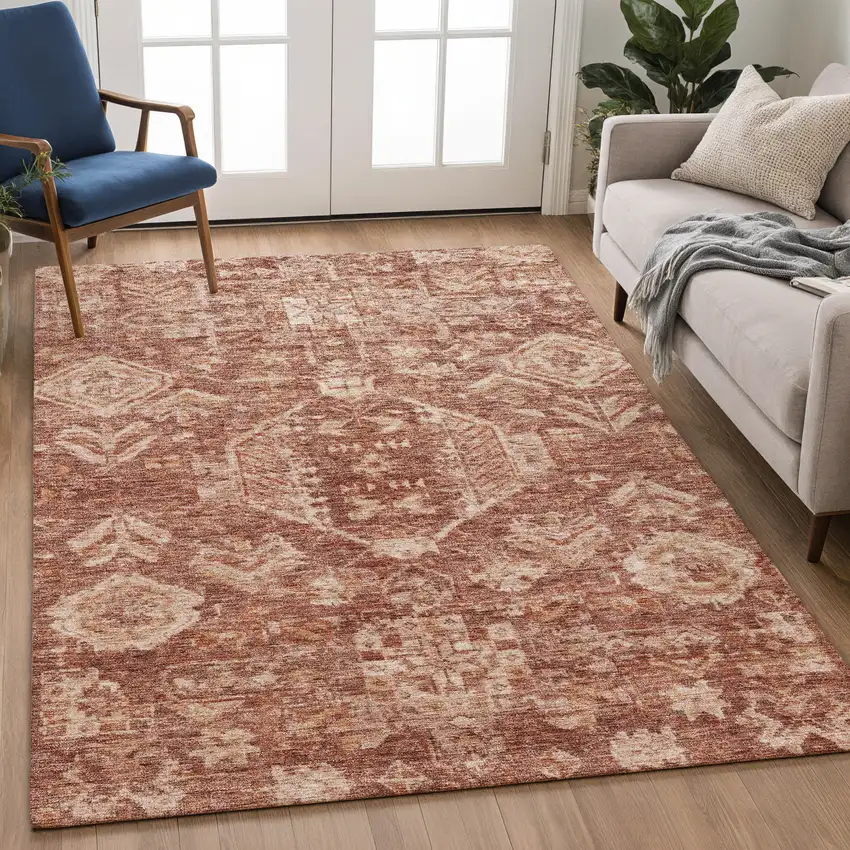 Rust And Beige Medallion Washable Indoor Outdoor Area Rug Photo 5