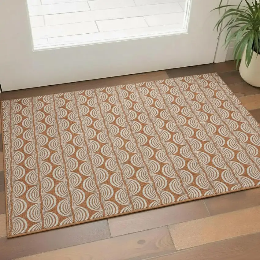 Rust And Beige Ogee Washable Area Rug With UV Protection Photo 2