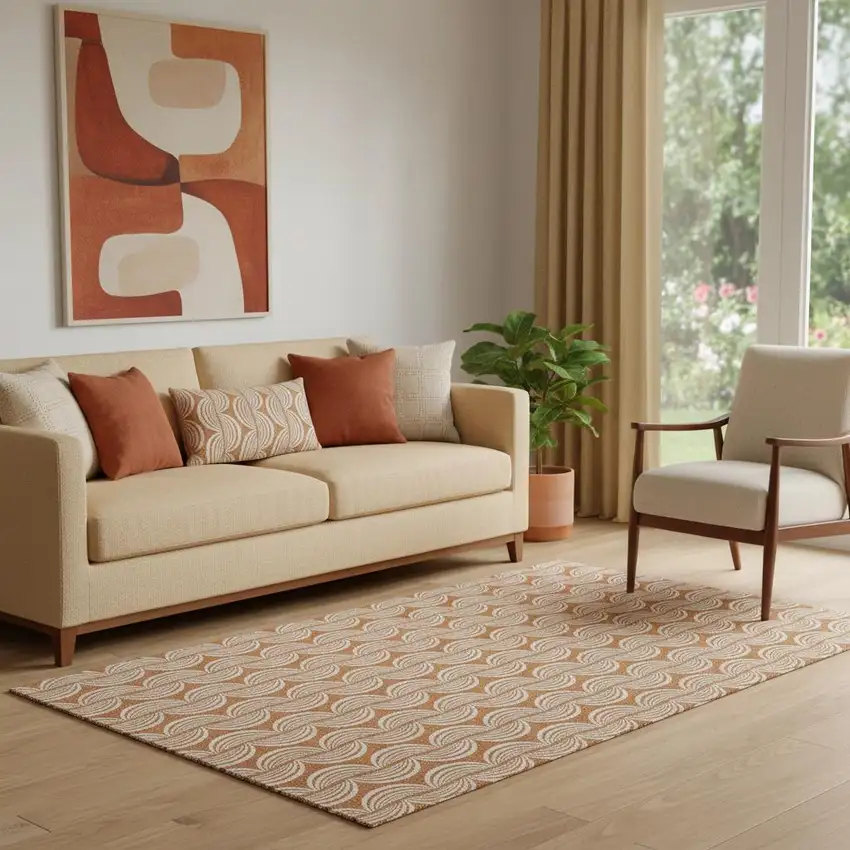 Rust And Beige Ogee Washable Area Rug With UV Protection Photo 2