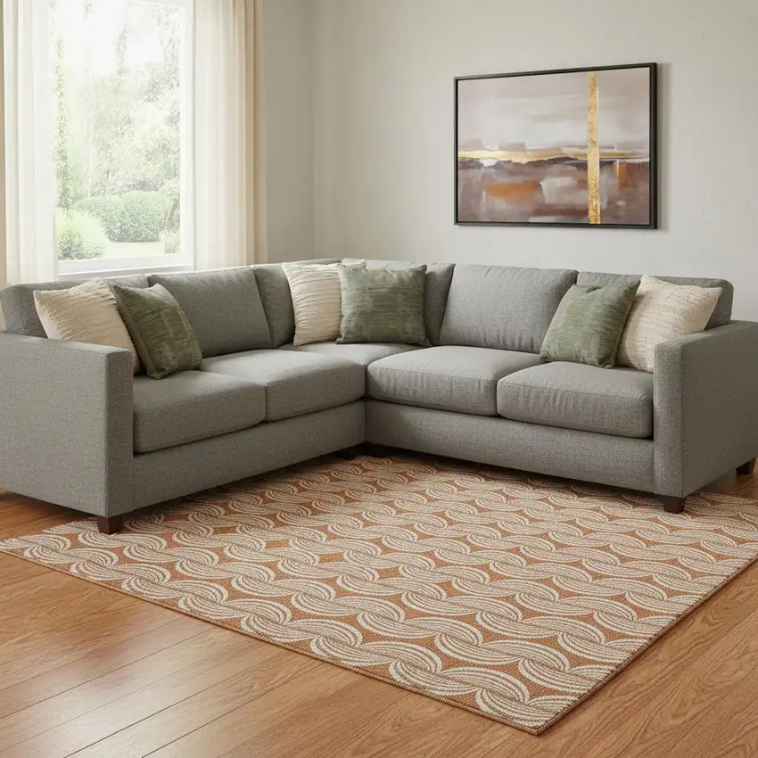 Rust And Beige Ogee Washable Area Rug With UV Protection Photo 2