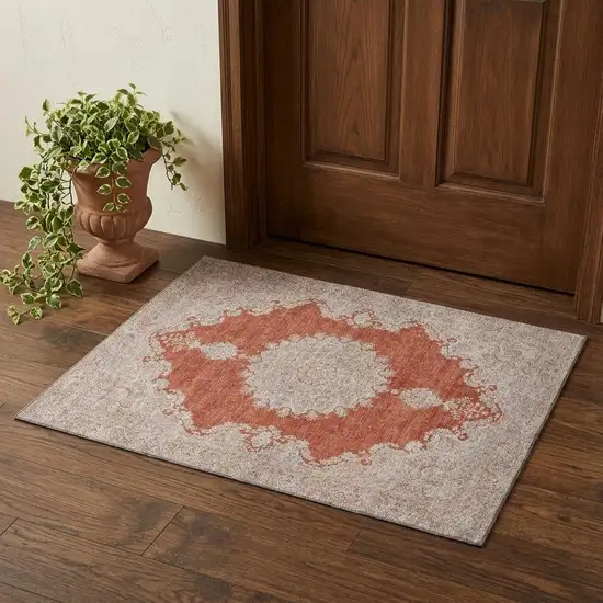 Rust And Beige Oriental Washable Area Rug With UV Protection Photo 1