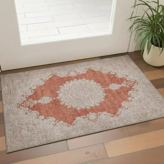 Rust And Beige Oriental Washable Area Rug With UV Protection Photo 2