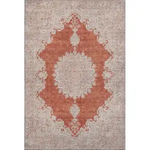 Photo of Rust And Beige Oriental Washable Area Rug With UV Protection