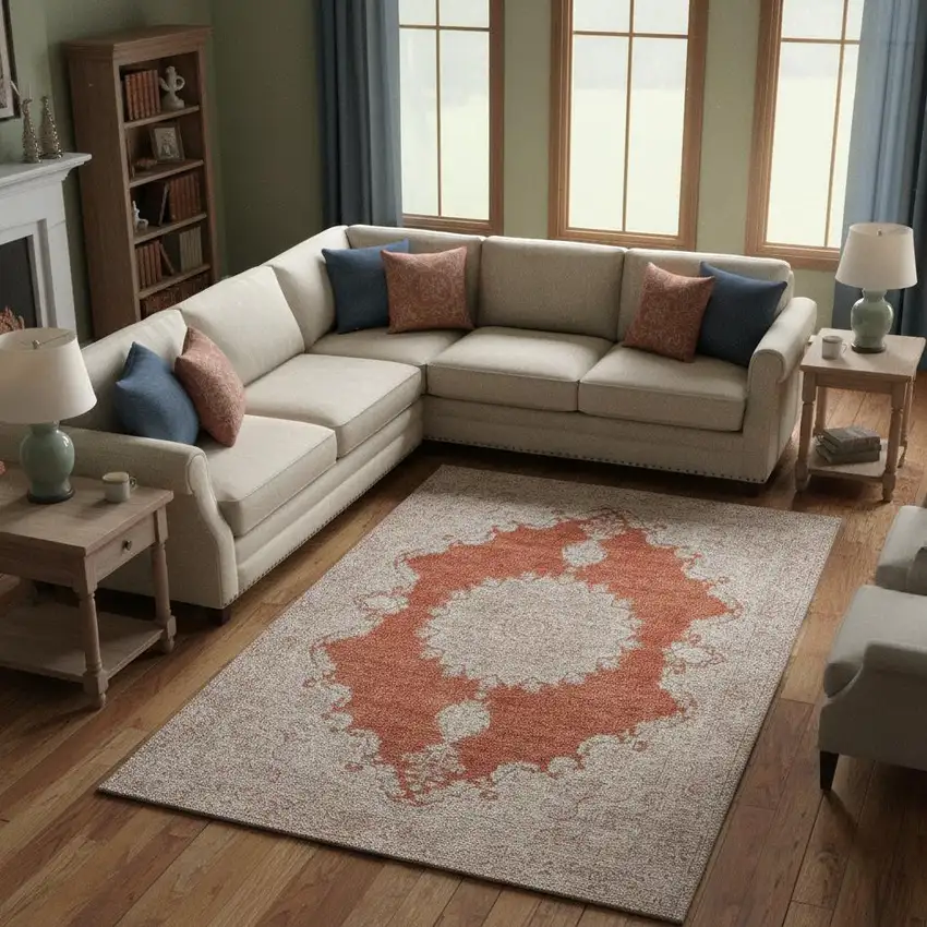 Rust And Beige Oriental Washable Area Rug With UV Protection Photo 2