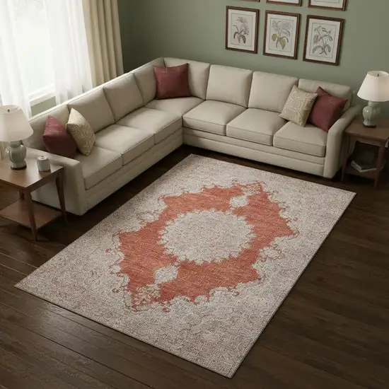 Rust And Beige Oriental Washable Area Rug With UV Protection Photo 2