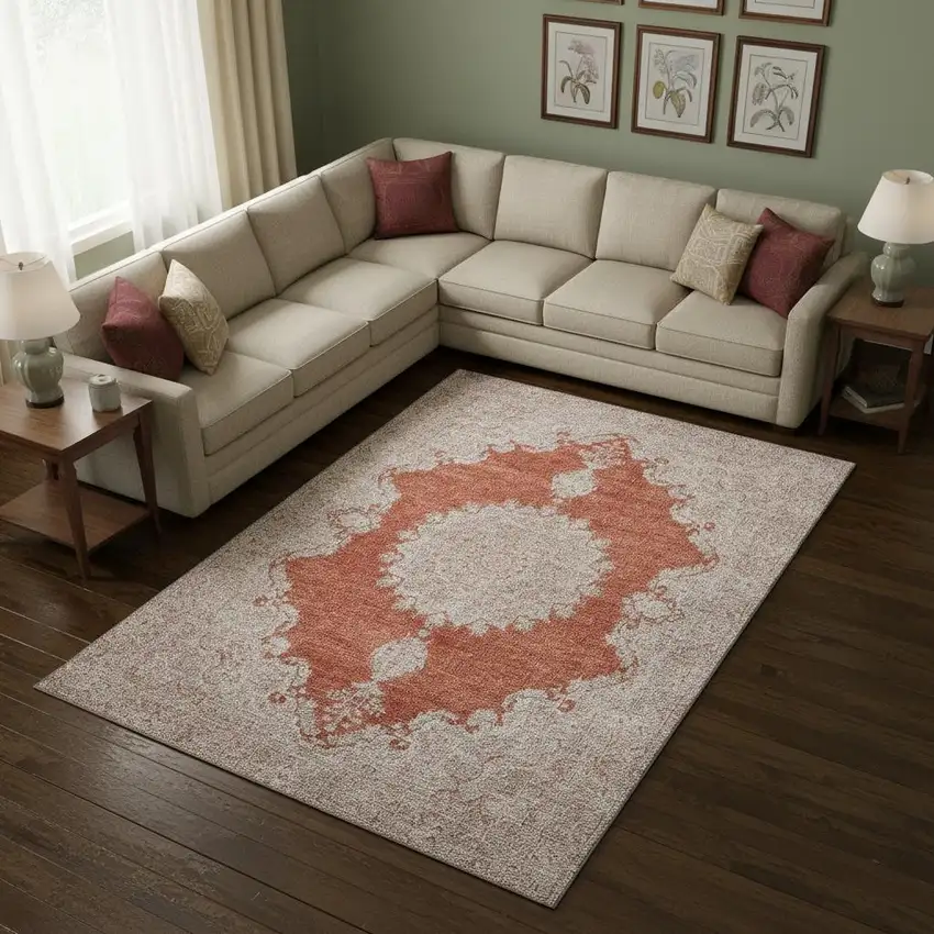 Rust And Beige Oriental Washable Area Rug With UV Protection Photo 2