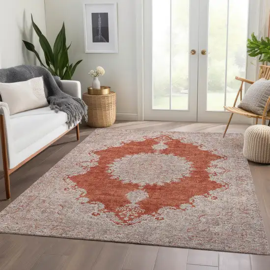 Rust And Beige Oriental Washable Area Rug With UV Protection Photo 5