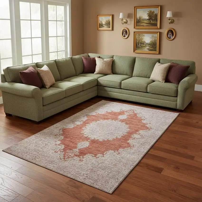 Rust And Beige Oriental Washable Area Rug With UV Protection Photo 2