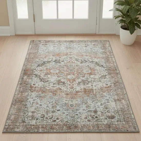 Rust And Beige Oriental Washable Area Rug With UV Protection Photo 2