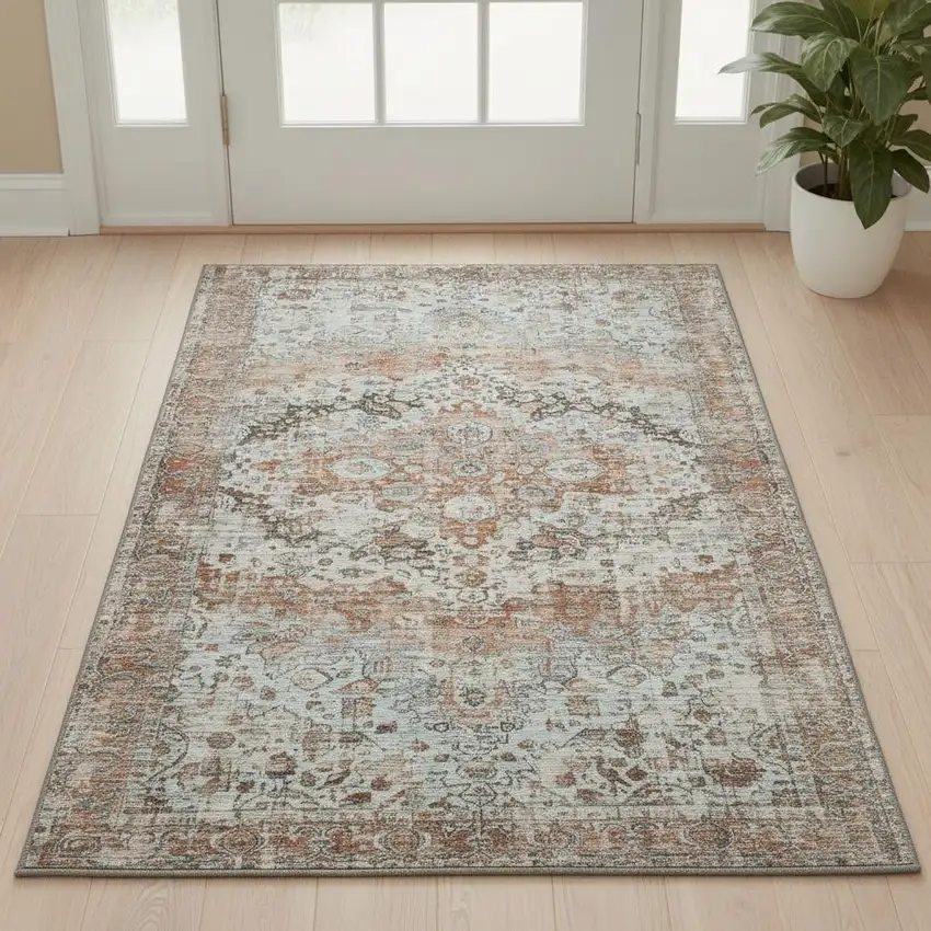 Rust And Beige Oriental Washable Area Rug With UV Protection Photo 2