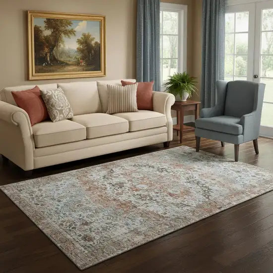 Rust And Beige Oriental Washable Area Rug With UV Protection Photo 2